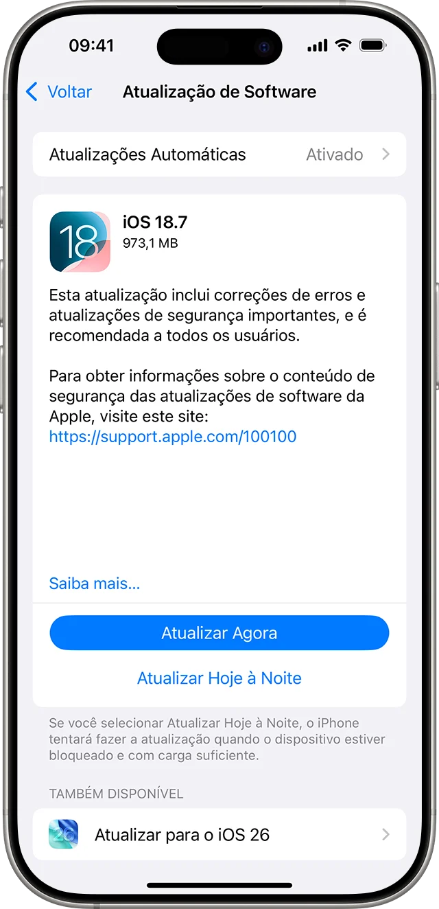 Tela Atualização de Software no iPhone com opções para atualizar o sistema