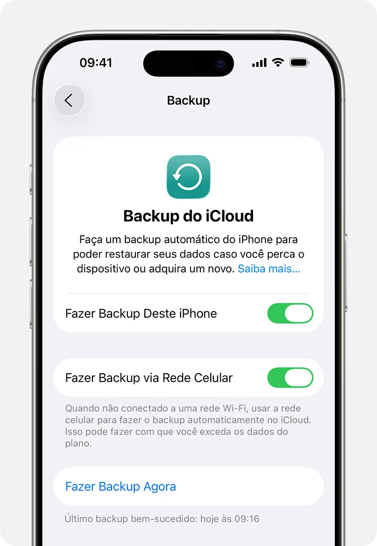 Tela do iPhone com a opção Fazer Backup Agora no iCloud