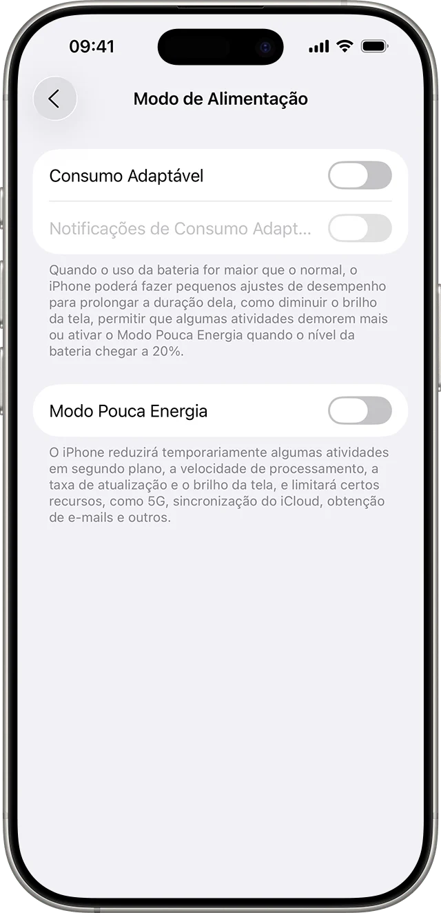 Consumo Adaptável e Modo Pouca Energia nos ajustes do iPhone