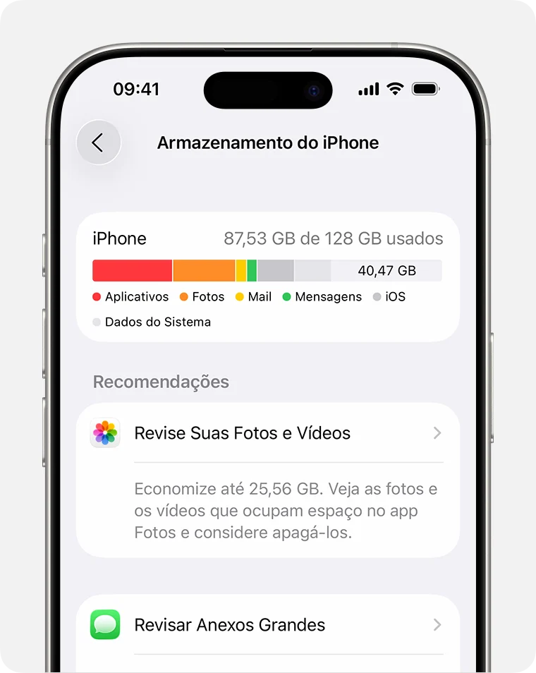 Tela Armazenamento do iPhone mostrando espaço utilizado e recomendações para liberar armazenamento