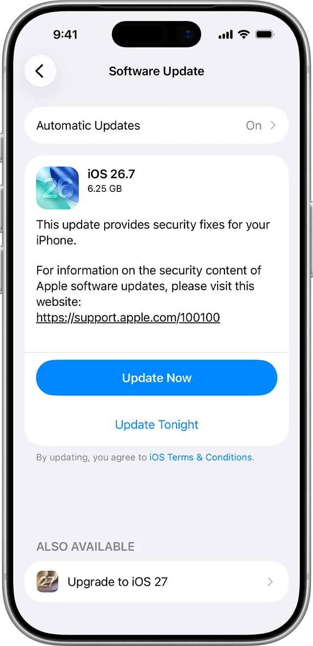 Tela de Atualização de Software do iPhone mostrando atualização do iOS 26 e opção de migrar para o iOS 27