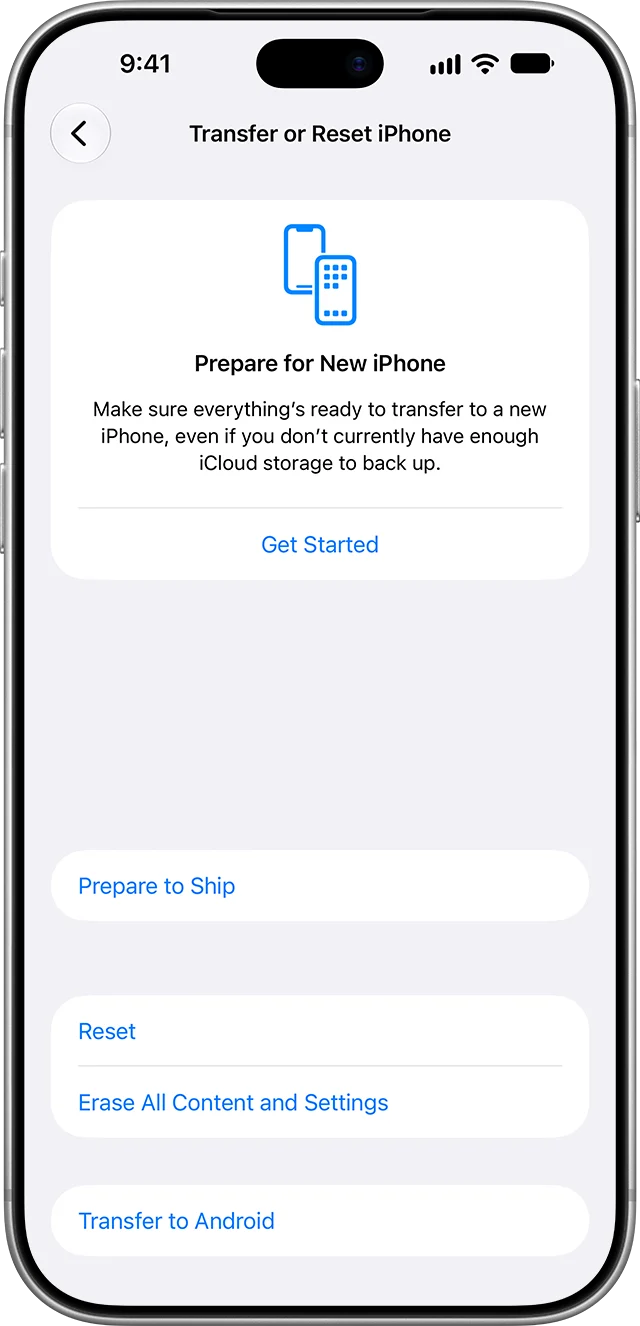Tela de ajustes do iPhone mostrando a opção Prepare to Ship