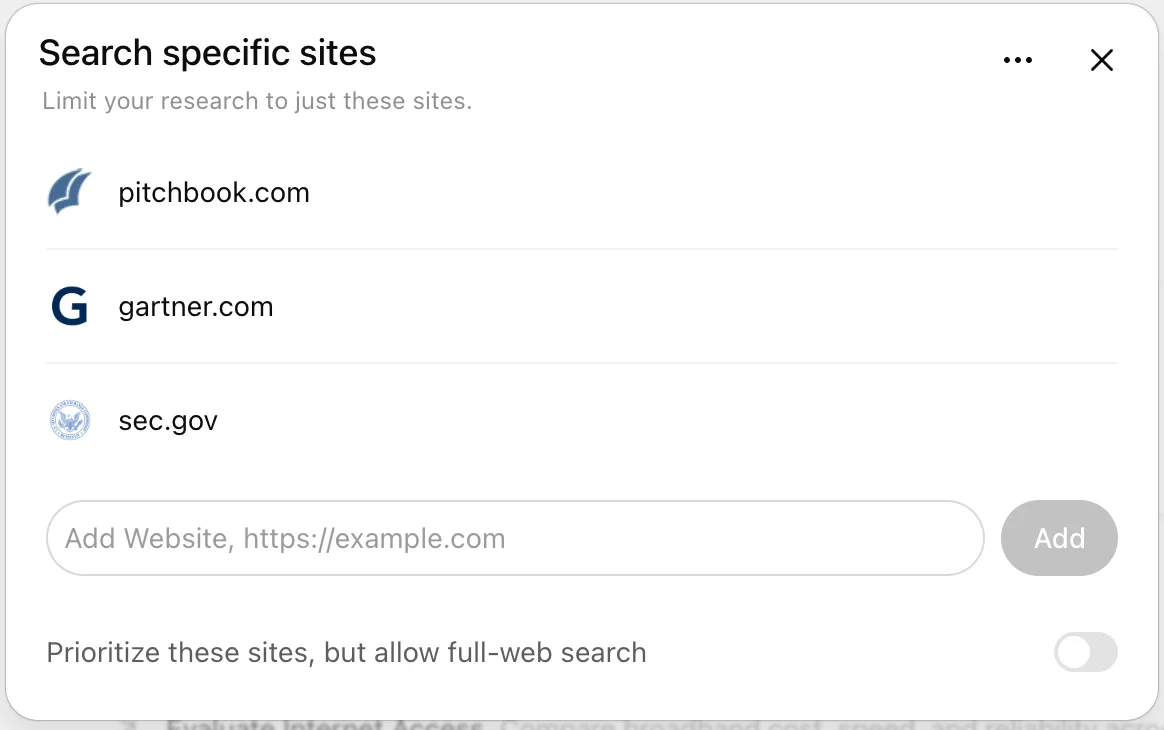 Painel do Deep Research do ChatGPT para limitar a pesquisa a sites específicos