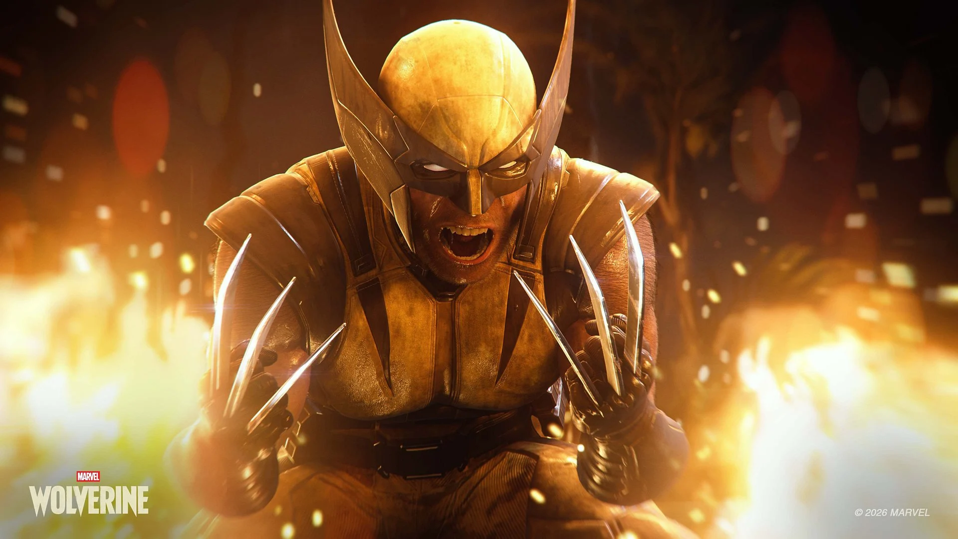 Wolverine com uniforme amarelo e garras estendidas diante de chamas em Marvel’s Wolverine