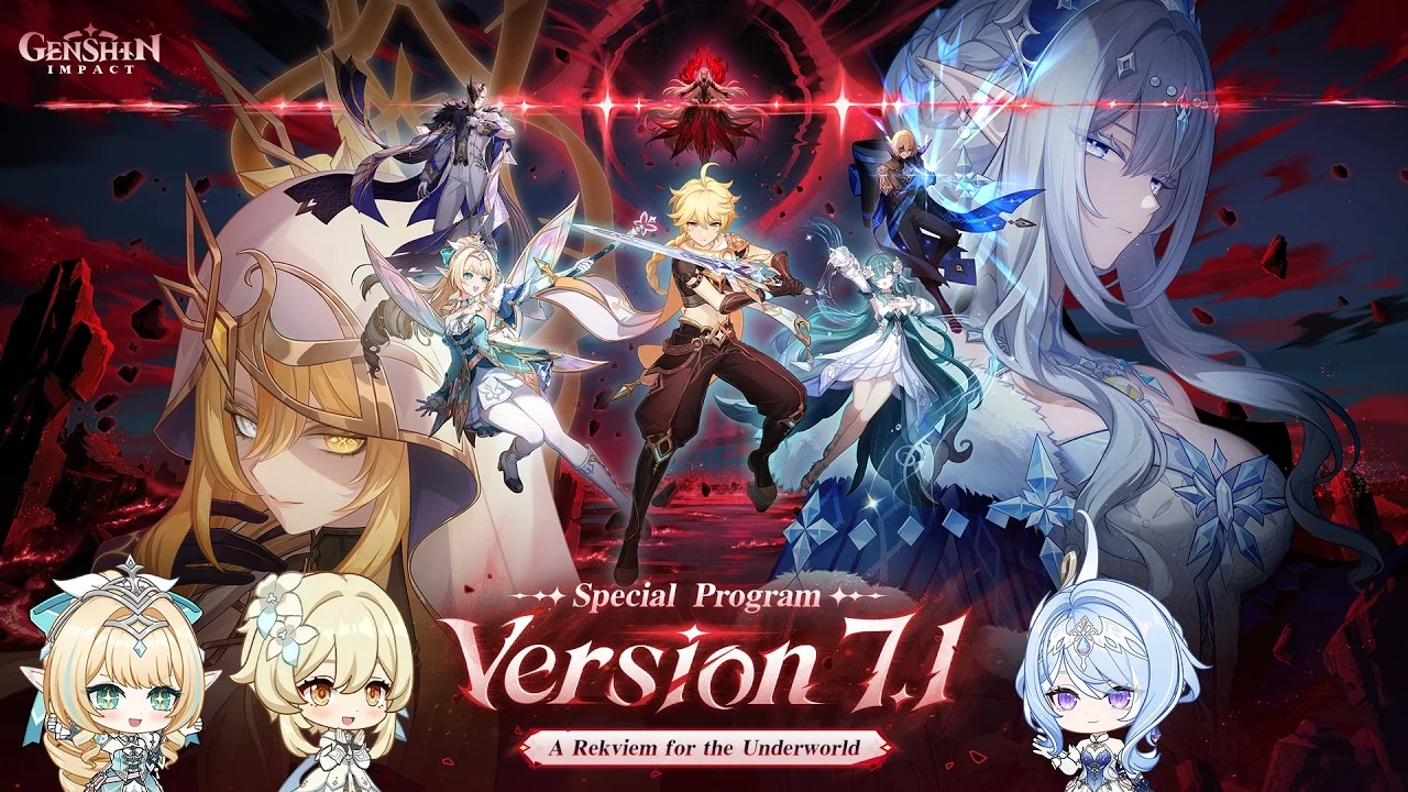 Arte do Programa Especial de Genshin Impact 7.1 com personagens da atualização