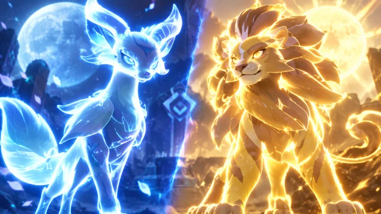 Os dois starters possuem os mesmos atributos-base, mas Lunara luta à distância e recupera vida, enquanto Helion aposta em dano físico e combate próximo.