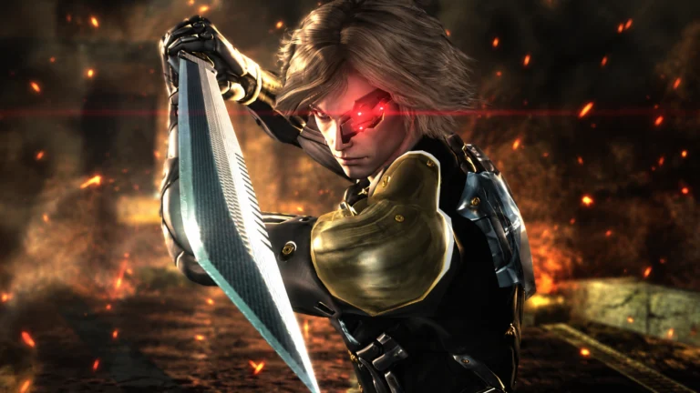 Raiden empunha uma espada diante de chamas em Metal Gear Rising: Revengeance.
