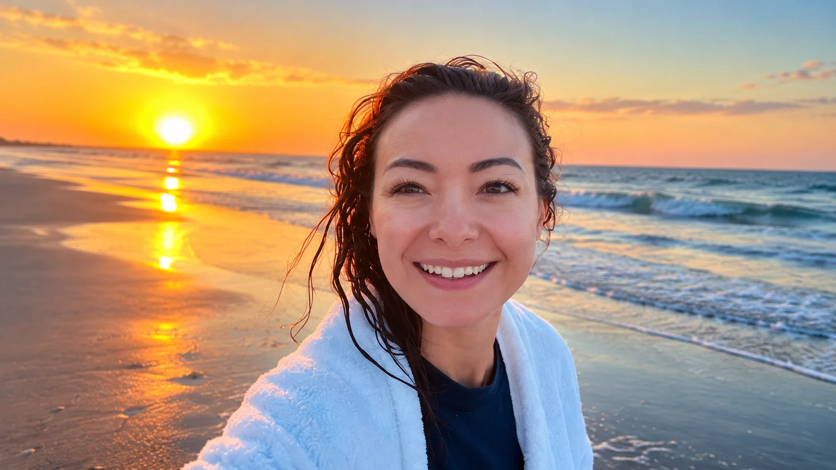 Mica Miller sorrindo em uma praia ao amanhecer em imagem exibida pela Netflix