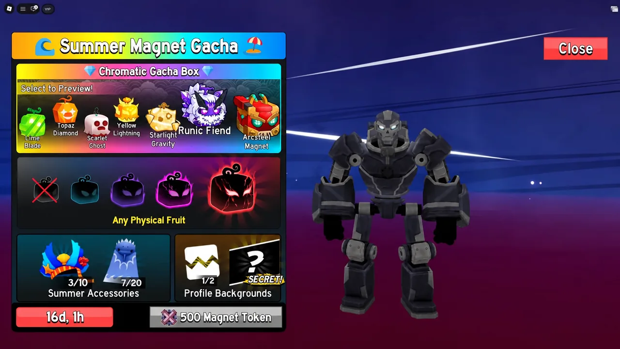 Tela do Summer Magnet Gacha em Blox Fruits com Chromatic Gacha Box, frutas, acessórios e recompensa secreta