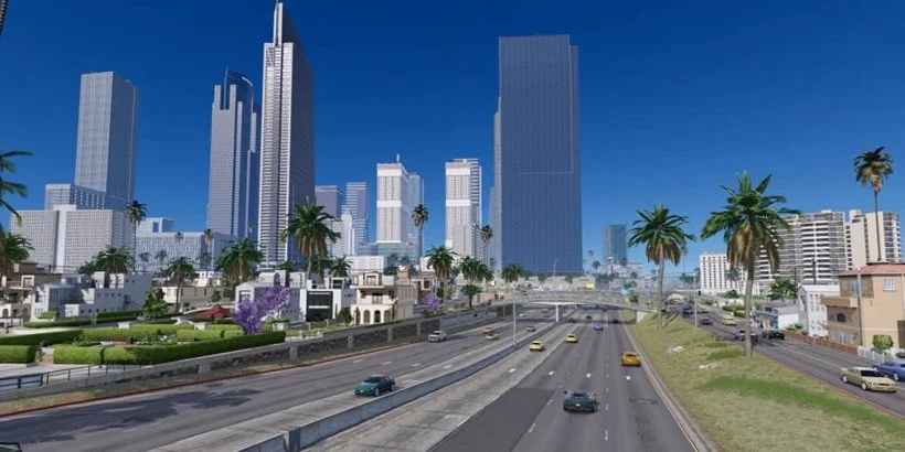 Cidade de Los Angeles recriada em OneState com prédios, rodovias e palmeiras