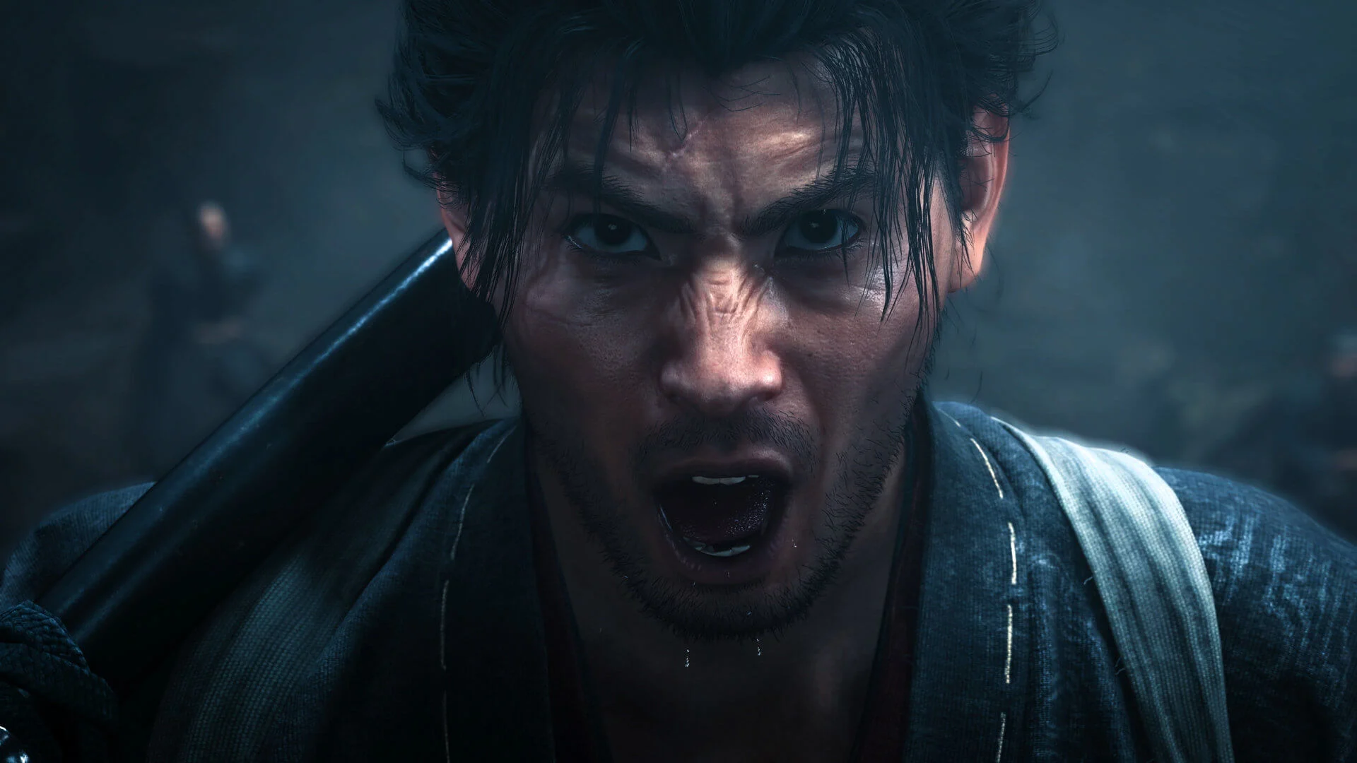 Close de Miyamoto Musashi em Onimusha: Way of the Sword, com o rosto baseado em Toshirō Mifune.