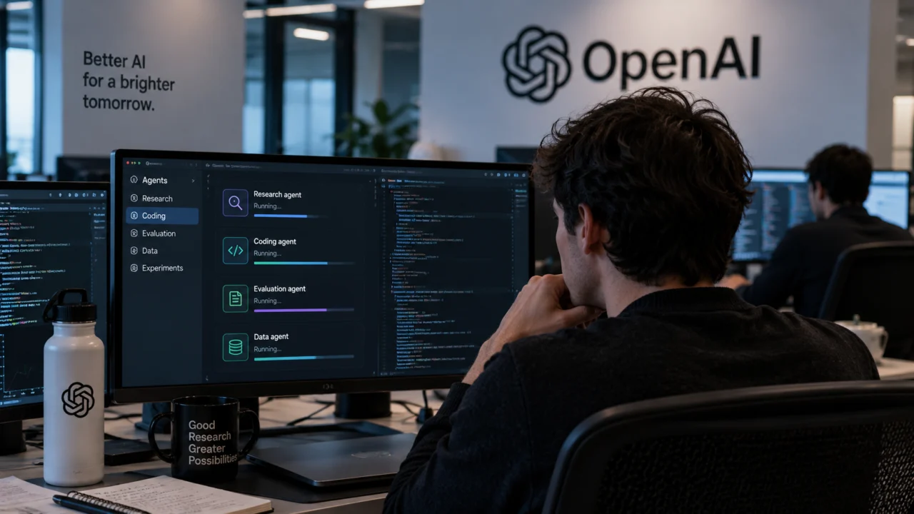 Pesquisador diante de monitores com agentes de inteligência artificial em ambiente relacionado à OpenAI