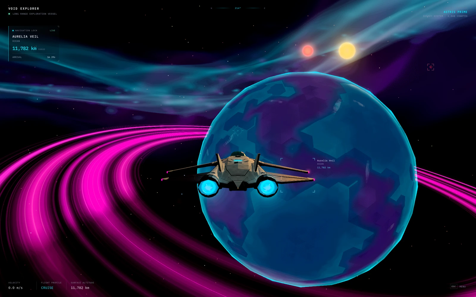 Nave de Void Explorer voando diante de planeta azul com anéis rosa
