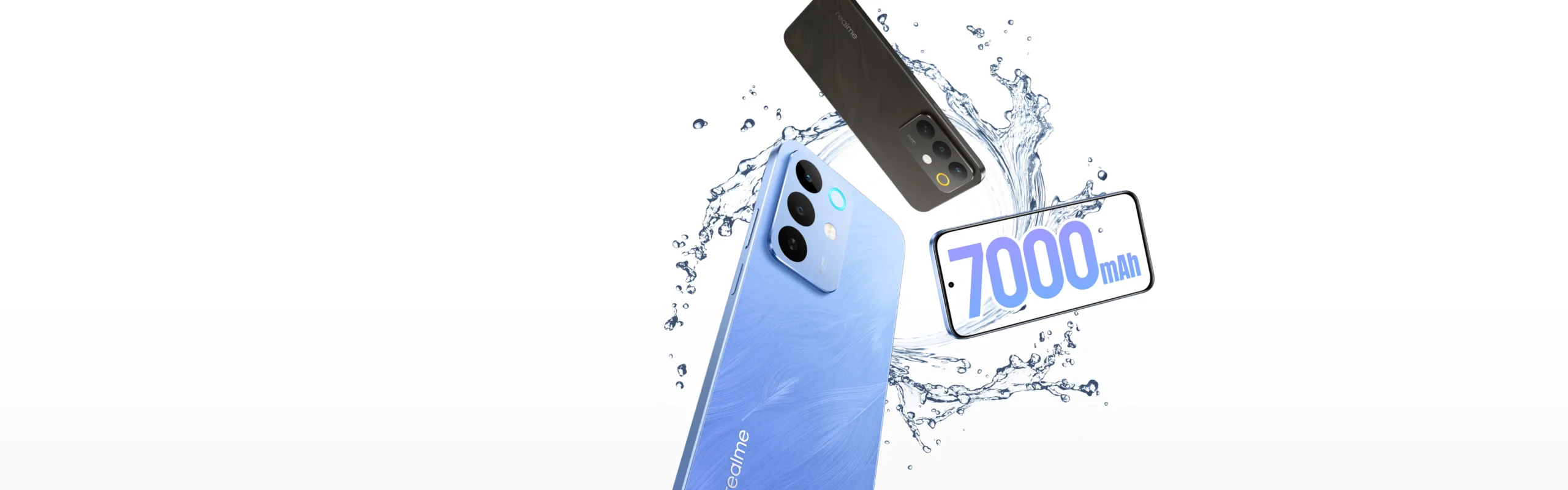 Realme C85 em material de divulgação destacando resistência e bateria