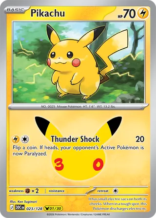 Carta rara de Pikachu da coleção Celebração de 30 Anos de Pokémon