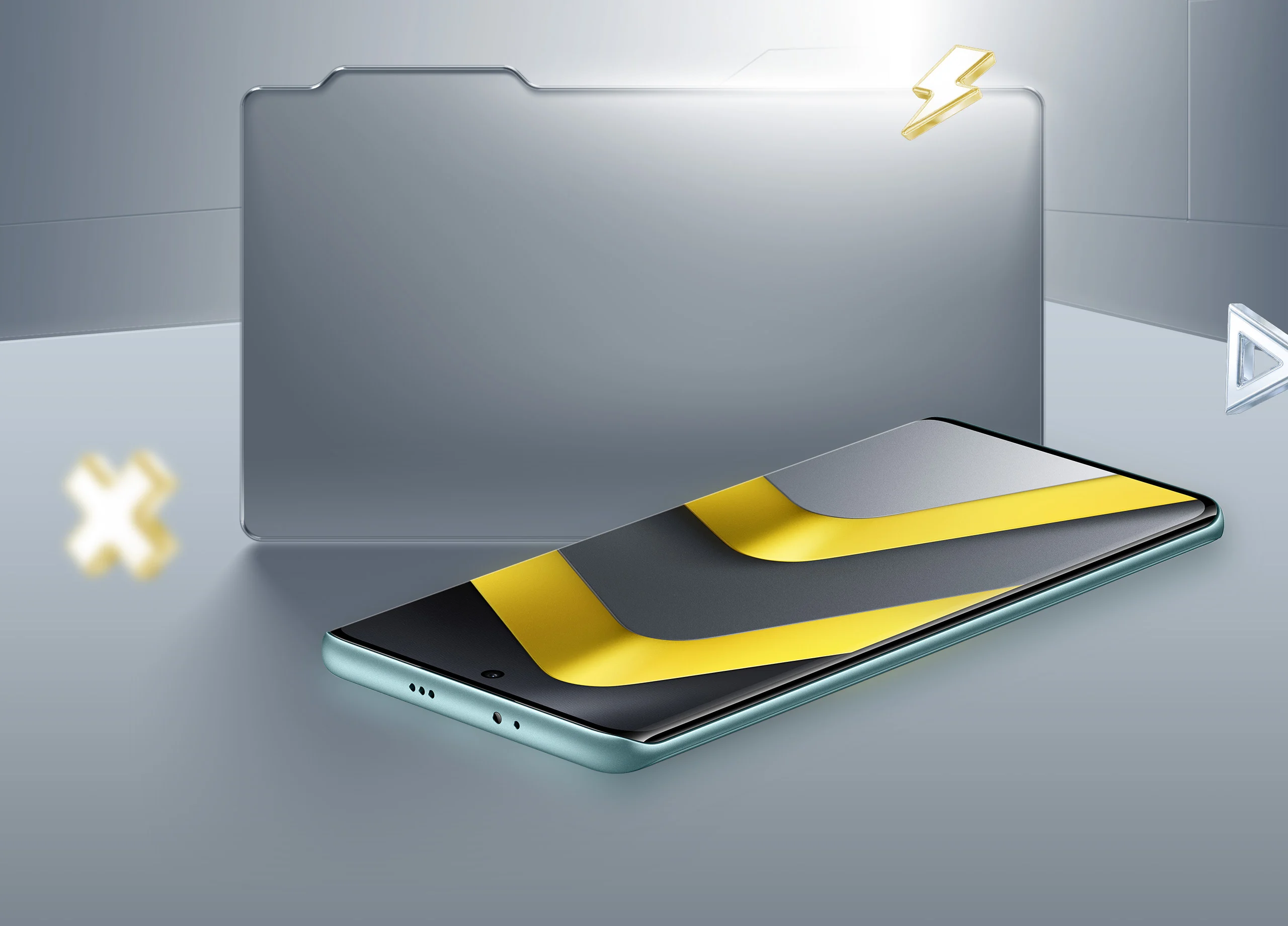 POCO M8 5G em imagem oficial mostrando o smartphone e a tela