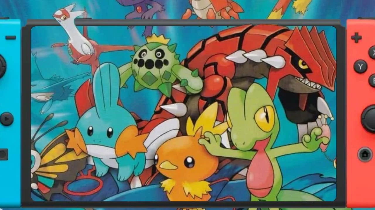 Montagem com Nintendo Switch e Pokémon da região de Hoenn, incluindo Groudon, Mudkip, Treecko e Torchic