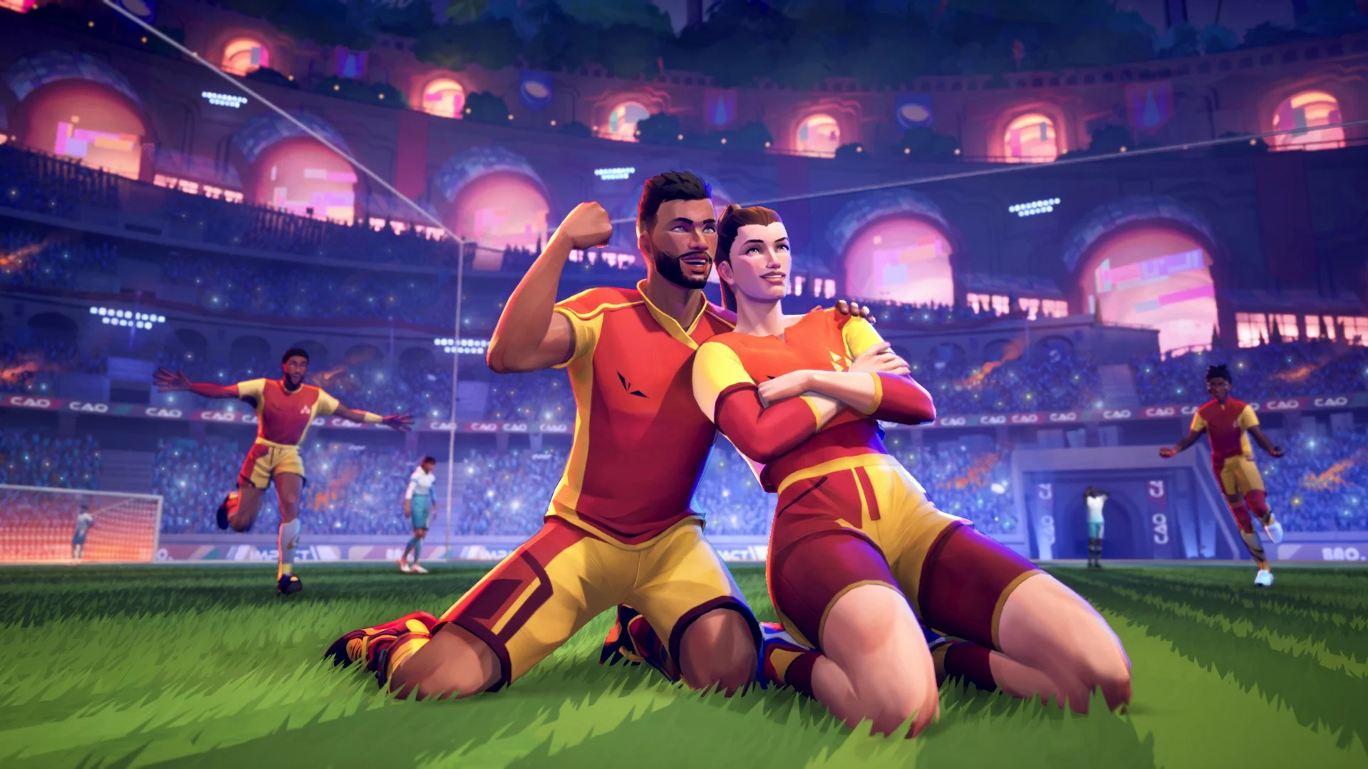 Jogadores de REMATCH comemorando em um estádio