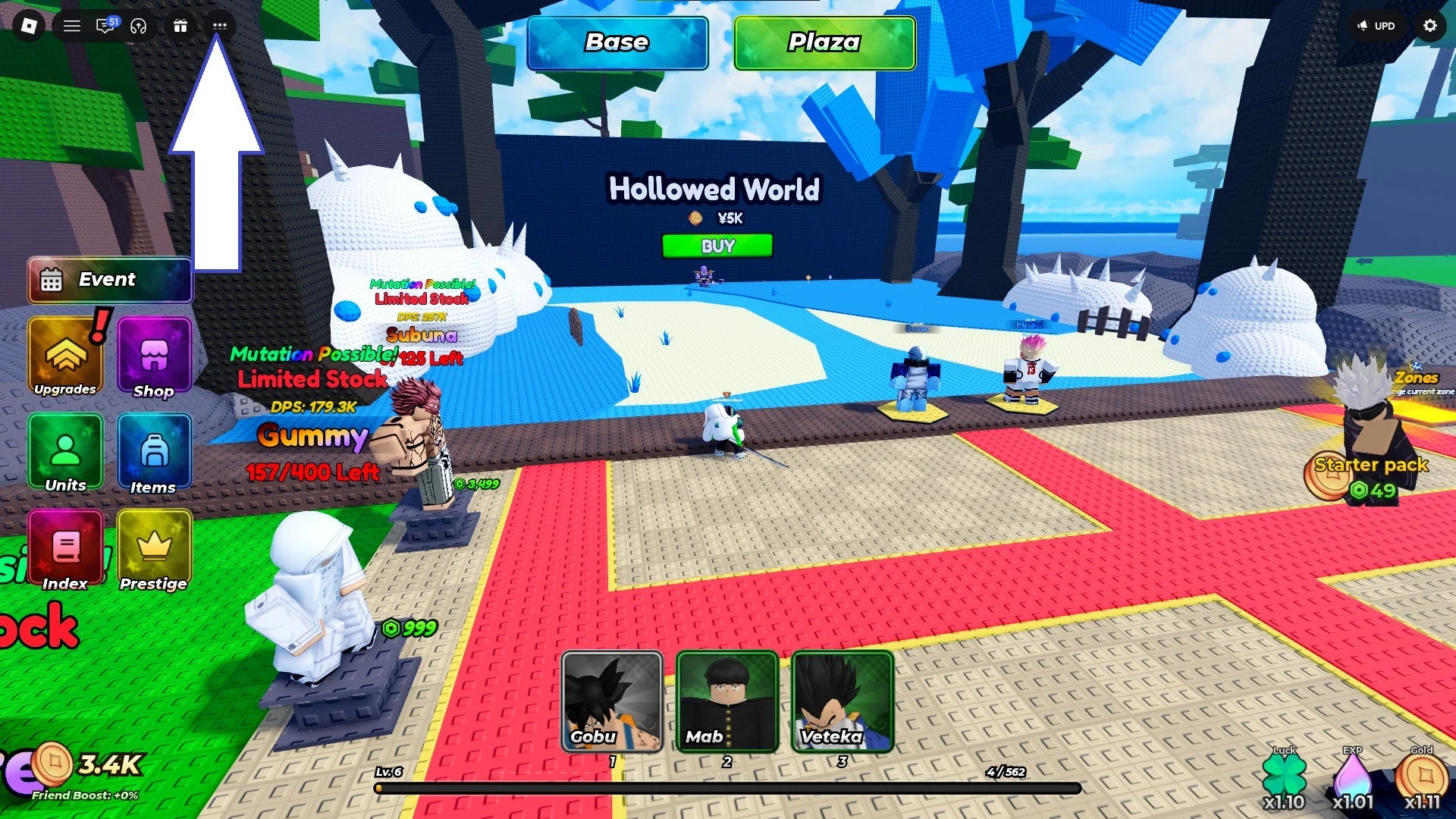 Interface de Defeat Anime RNG mostrando o botão de menu no canto superior esquerdo