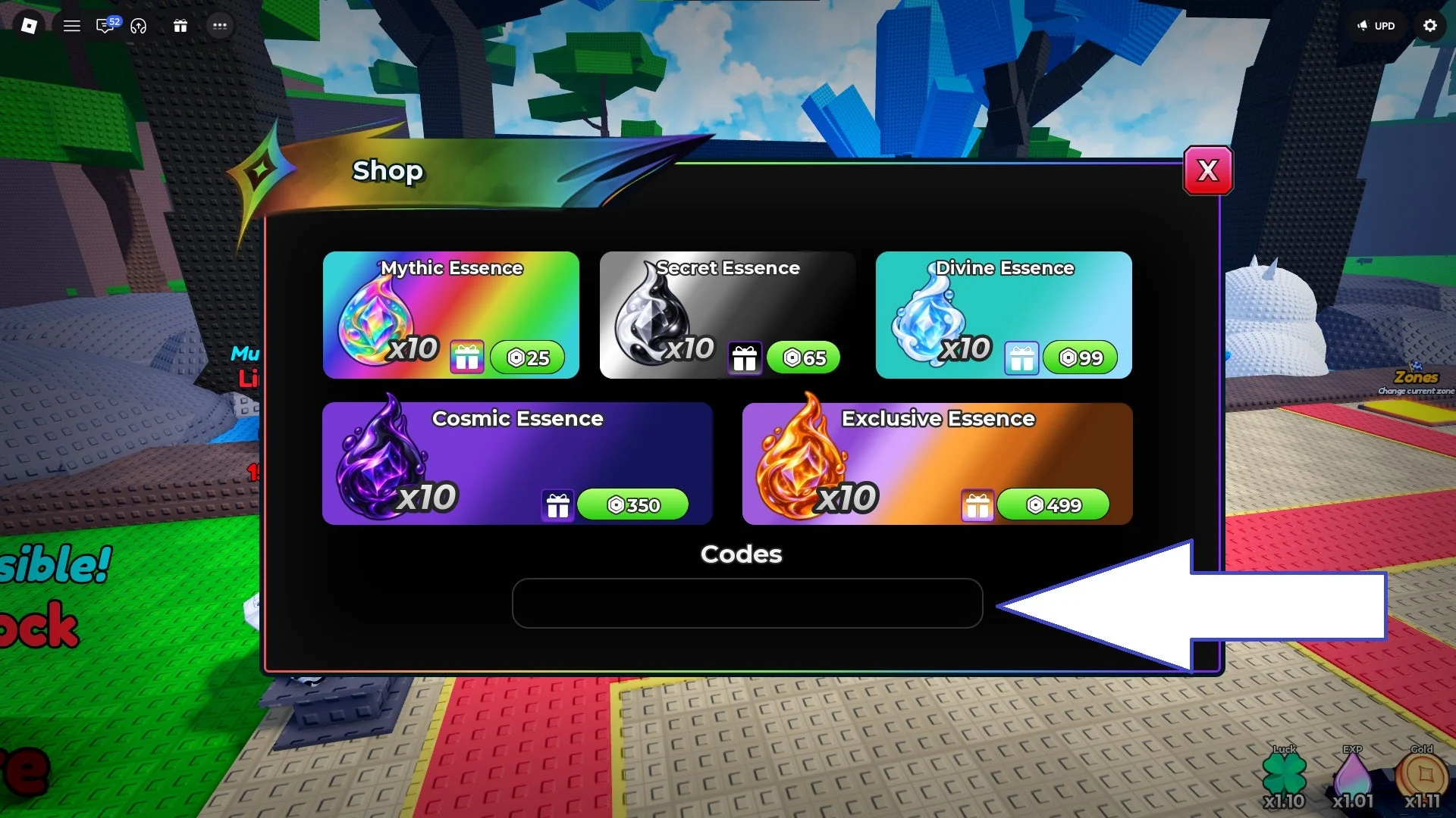 Campo Codes na loja de Defeat Anime RNG para inserir códigos promocionais