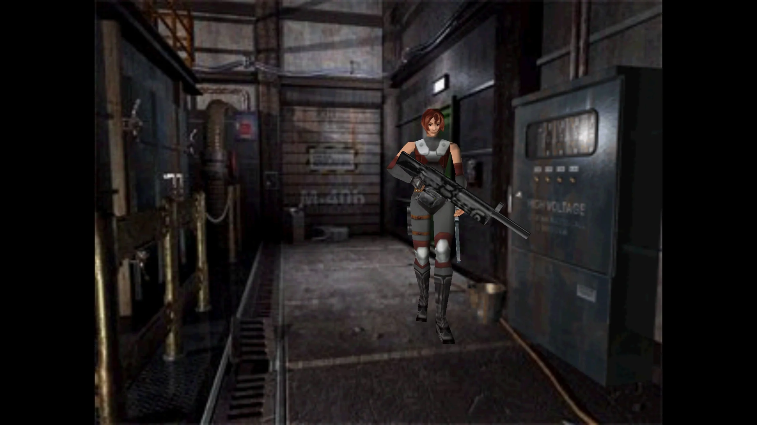 Regina armada em um corredor industrial de Dino Crisis 2