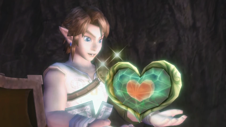 Link segura um Piece of Heart em Twilight Princess executado pelo Dusklight