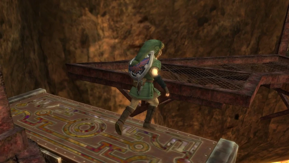 Link atravessa plataformas em The Legend of Zelda Twilight Princess rodando no Dusklight