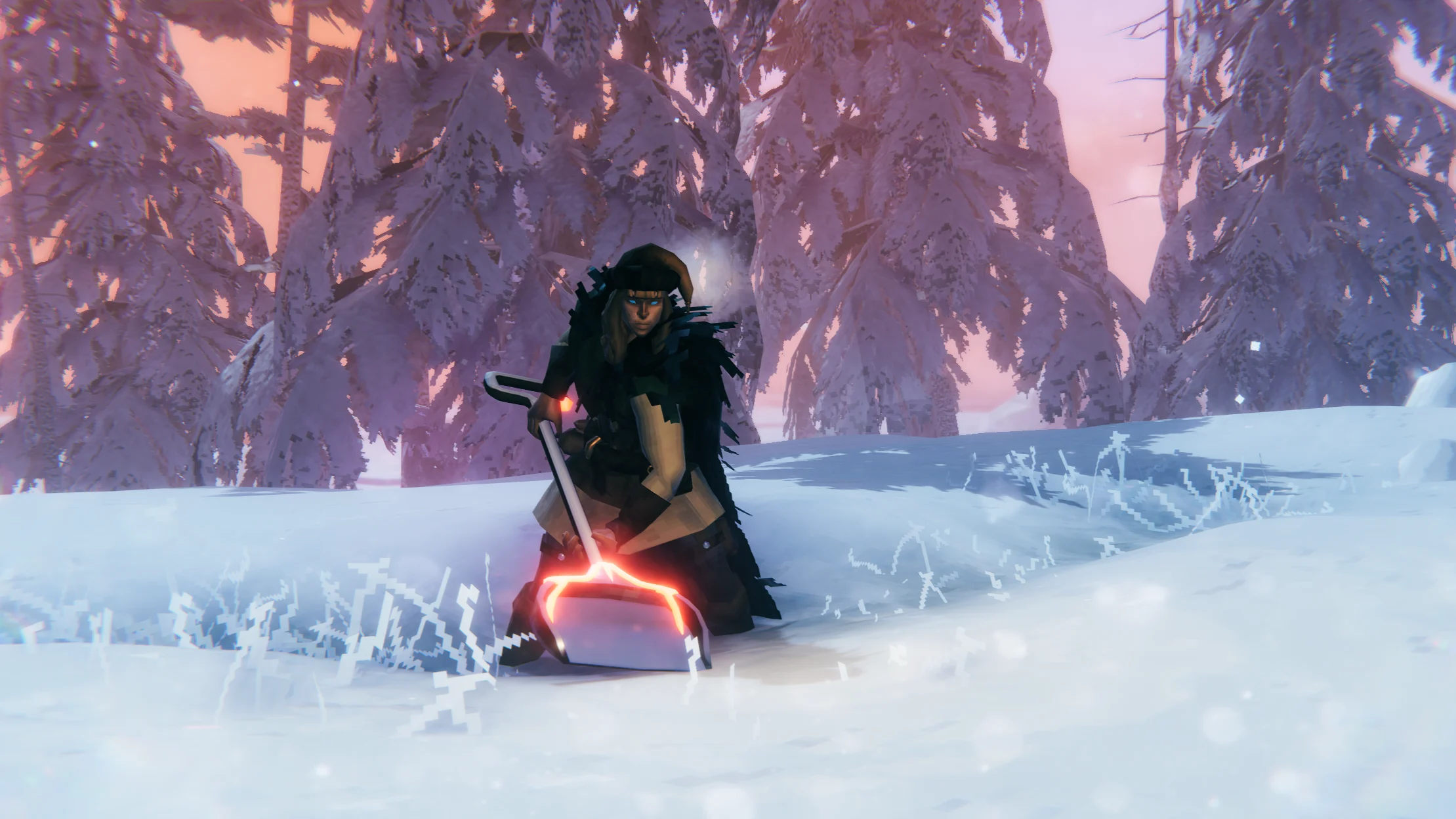 Personagem usando uma pá para retirar neve no Deep North de Valheim