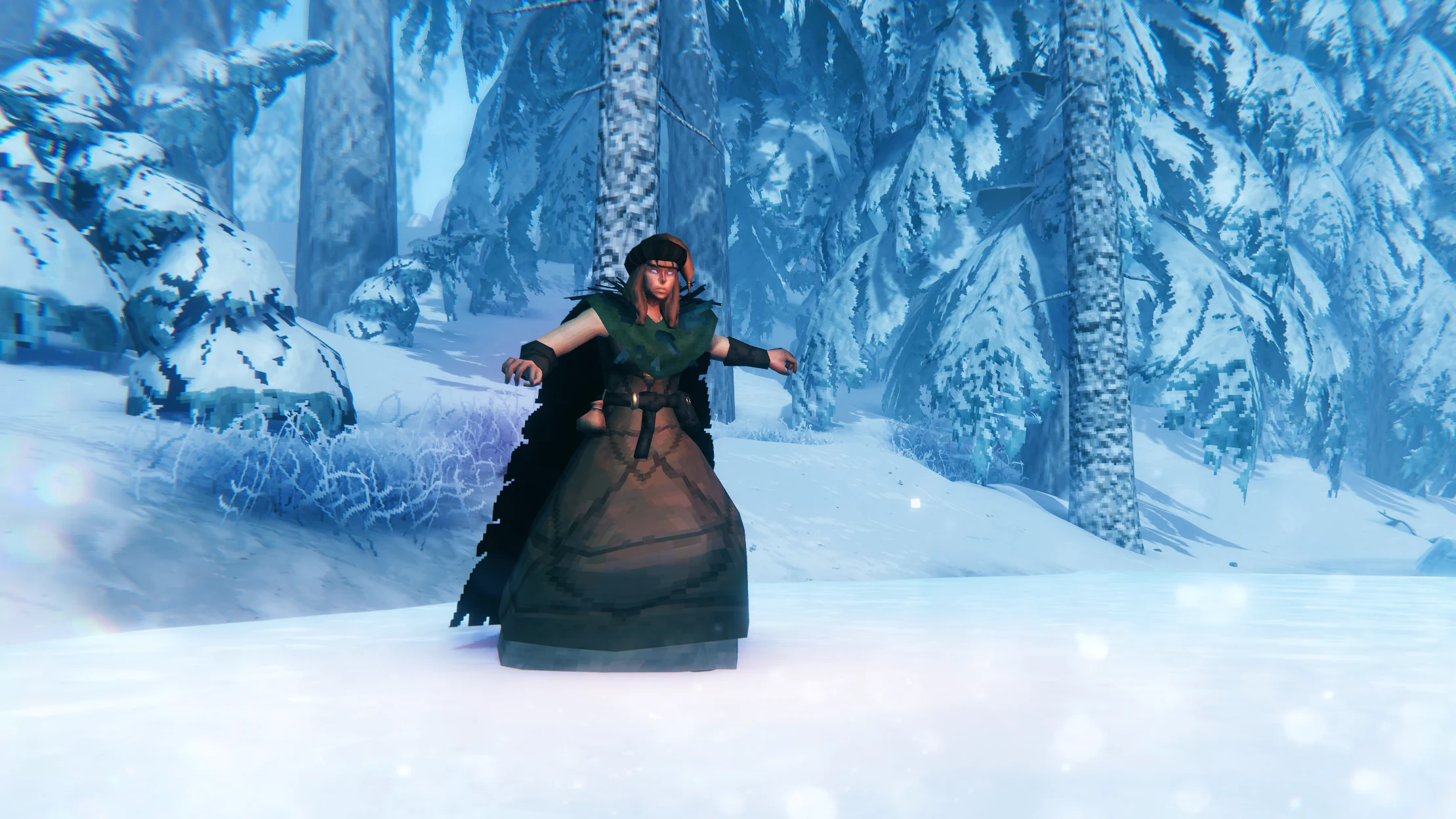 Personagem de Valheim tentando se equilibrar sobre gelo no Deep North