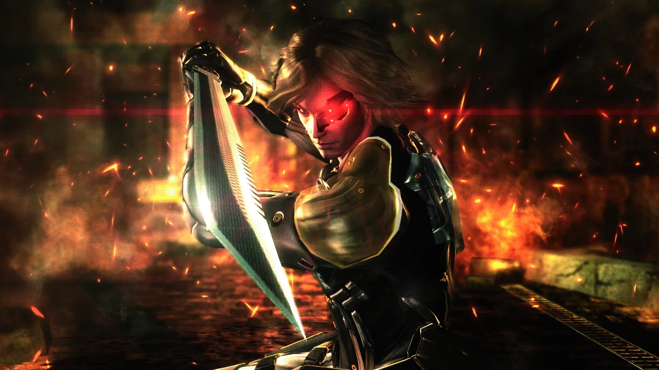 Raiden segura uma espada diante de chamas em Metal Gear Rising: Revengeance