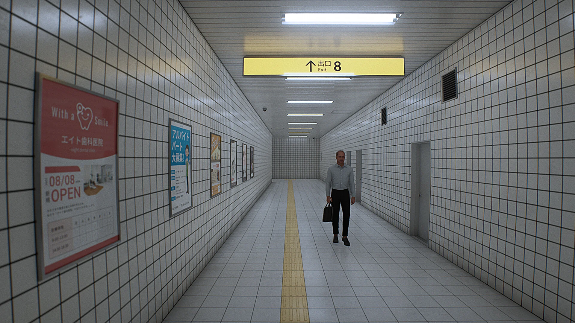 Corredor subterrâneo de The Exit 8 com placas e caminho amarelo
