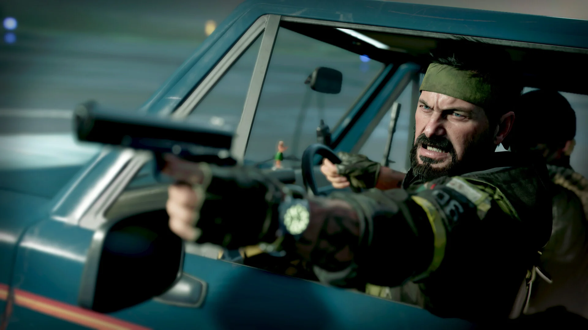 Frank Woods dispara de dentro de um carro em Black Ops Cold War