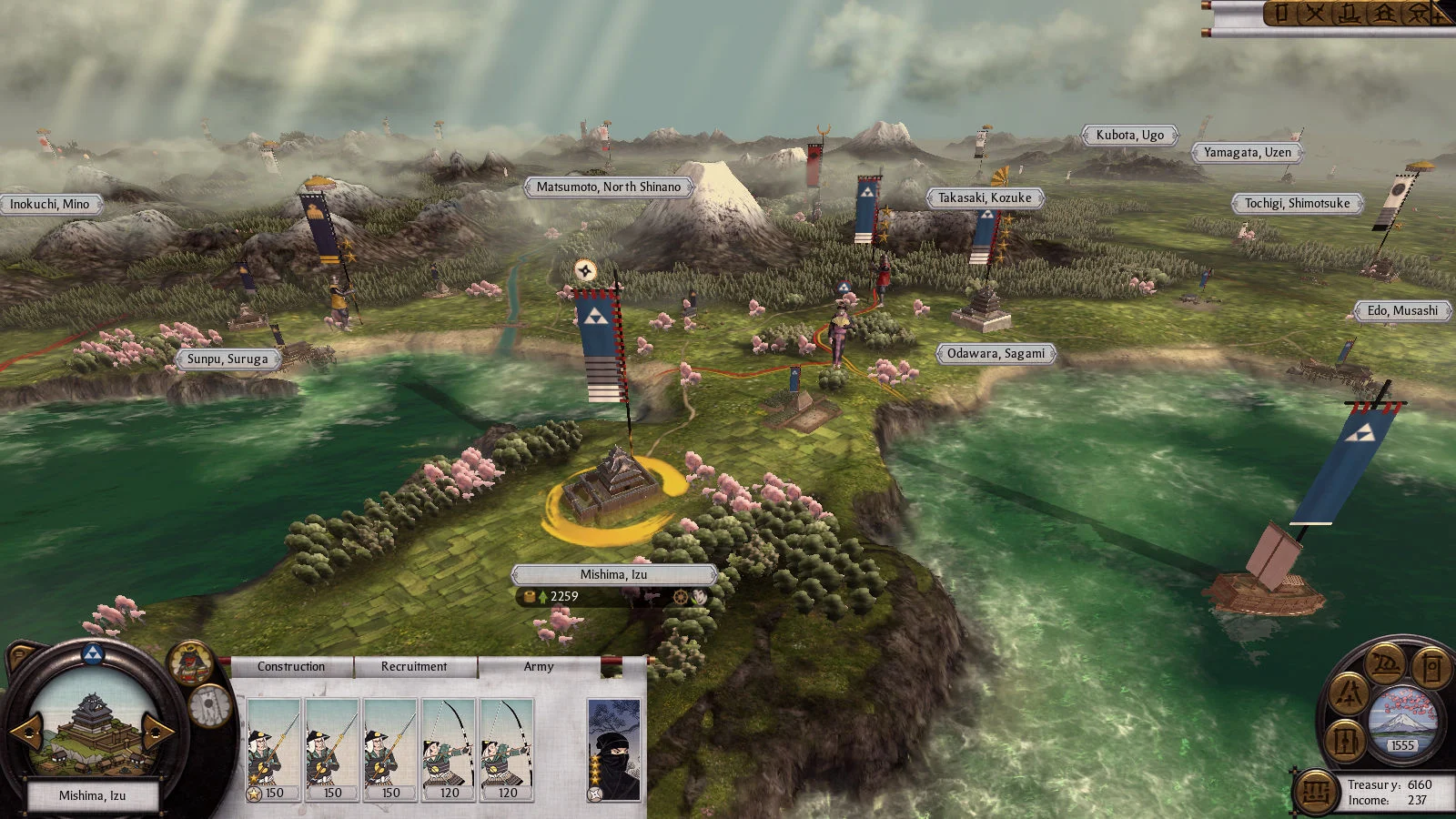 Mapa de campanha de Total War SHOGUN 2 mostrando o Japão feudal
