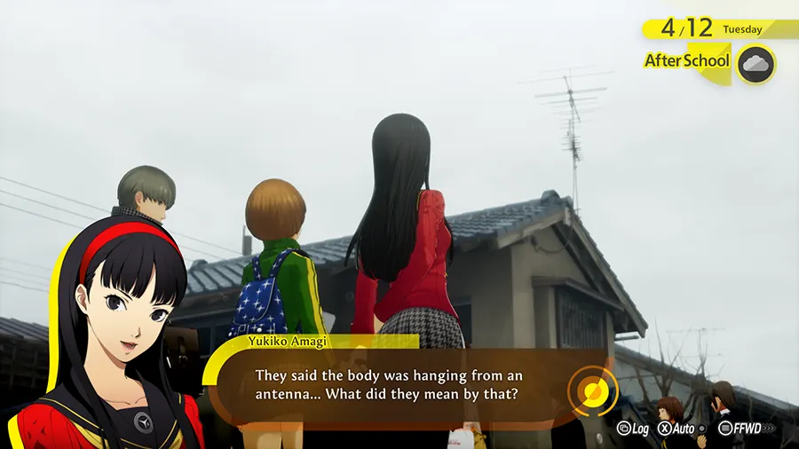 Yukiko conversa com o protagonista e Chie em cena oficial de Persona 4 Revival