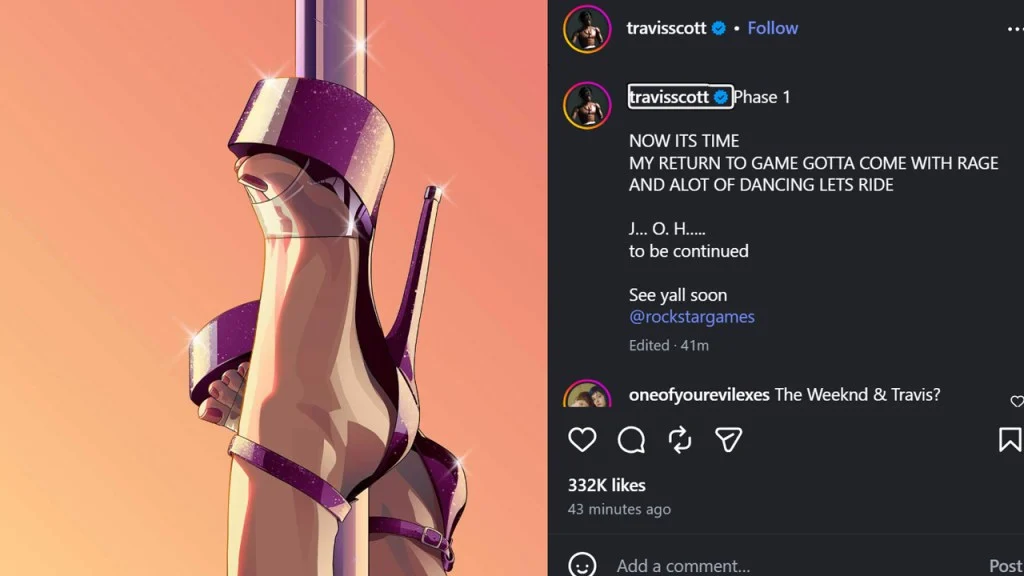 Publicação de Travis Scott marcando a Rockstar Games e levantando rumores sobre GTA 6