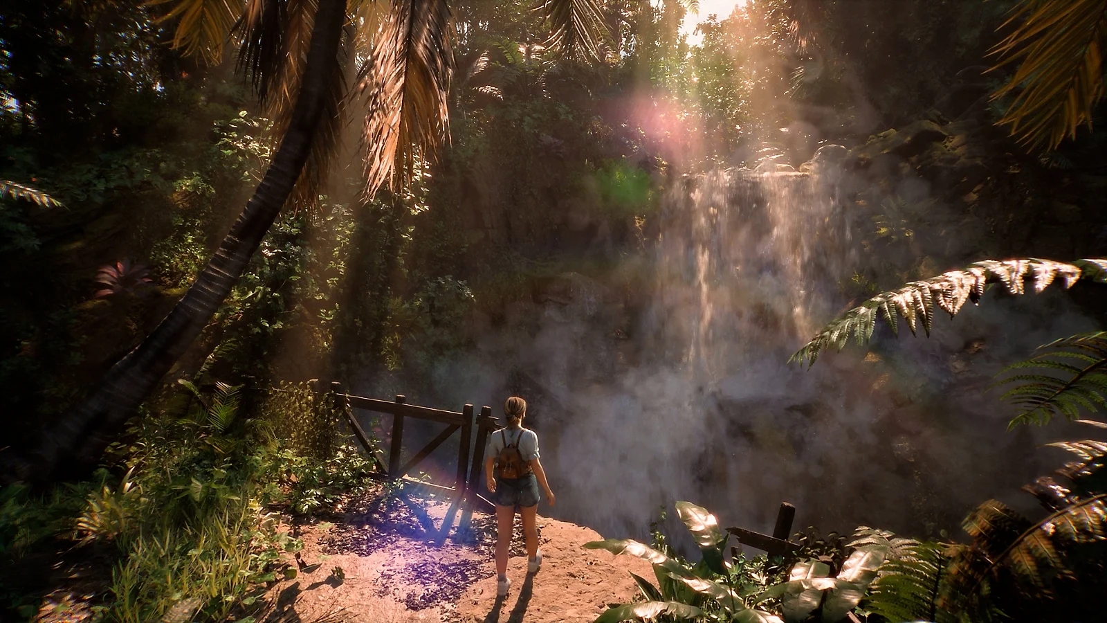 Personagem de Until Dawn 2 diante de cachoeira na ilha tropical
