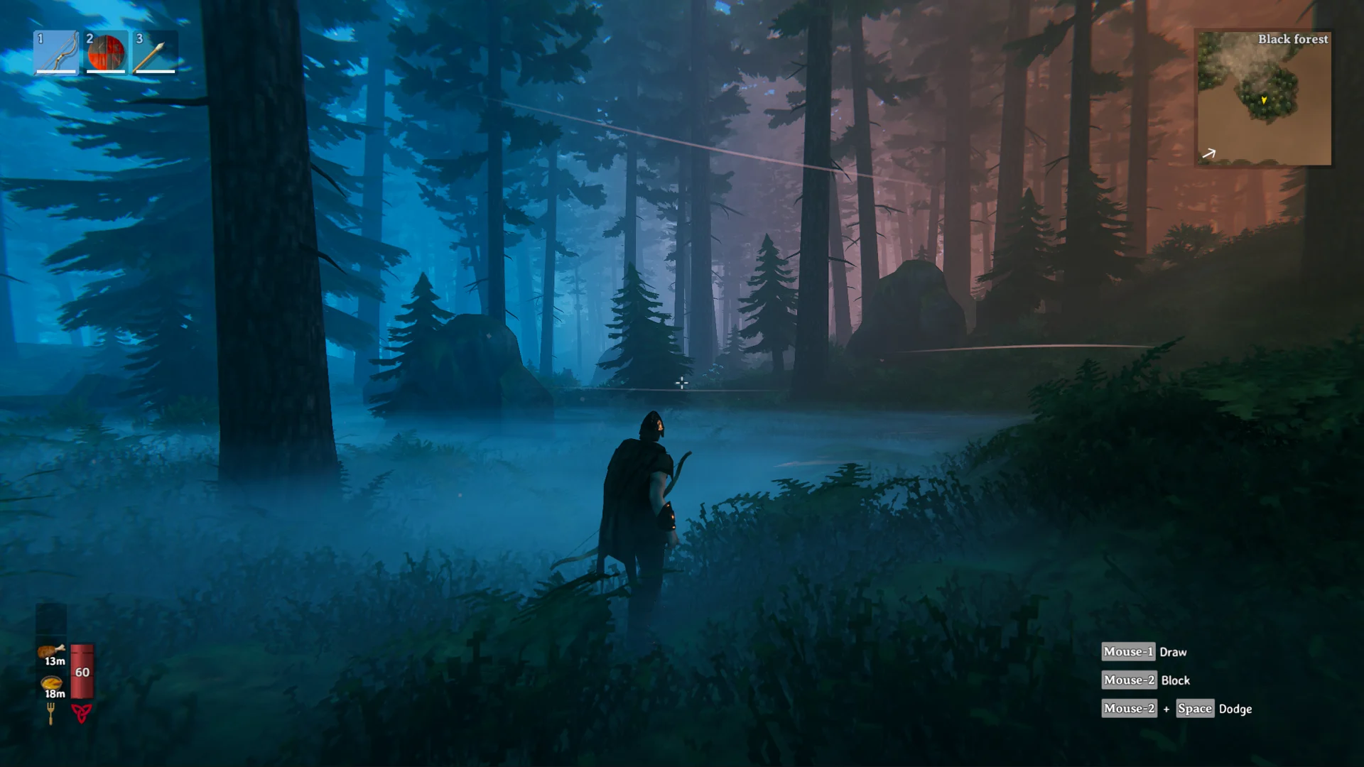 Personagem explorando a Floresta Negra em Valheim