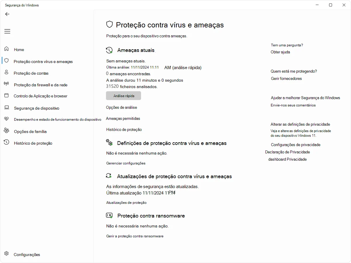 Tela de proteção contra vírus e ameaças do Microsoft Defender no Windows