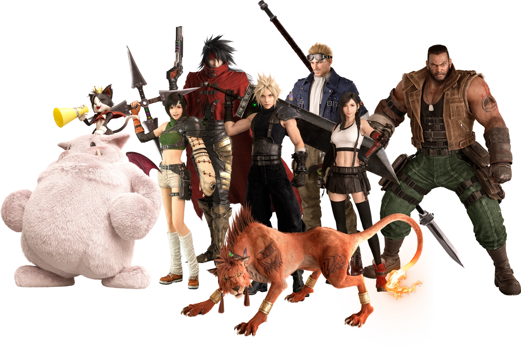 Vincent Valentine ao lado de Cloud, Cid, Tifa e outros integrantes do grupo em Final Fantasy VII Revelation