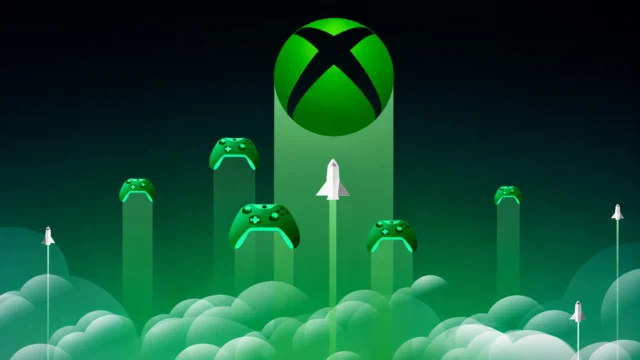 Ilustração do Xbox Cloud Gaming com logo do Xbox, controles verdes e foguetes subindo entre nuvens.