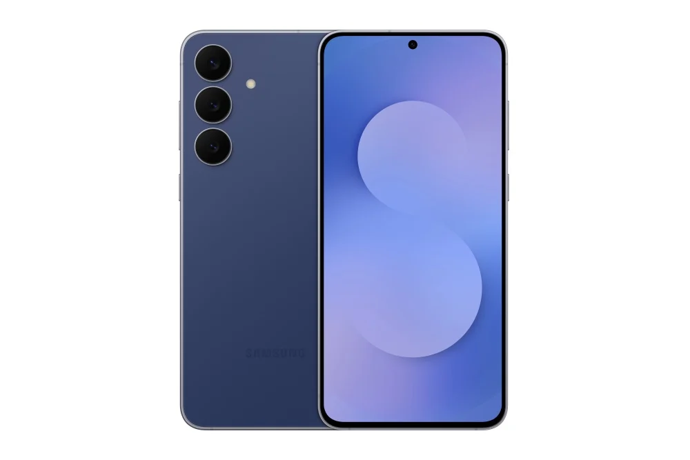 Samsung Galaxy S25 FE azul-marinho visto de frente e de trás, com três câmeras traseiras