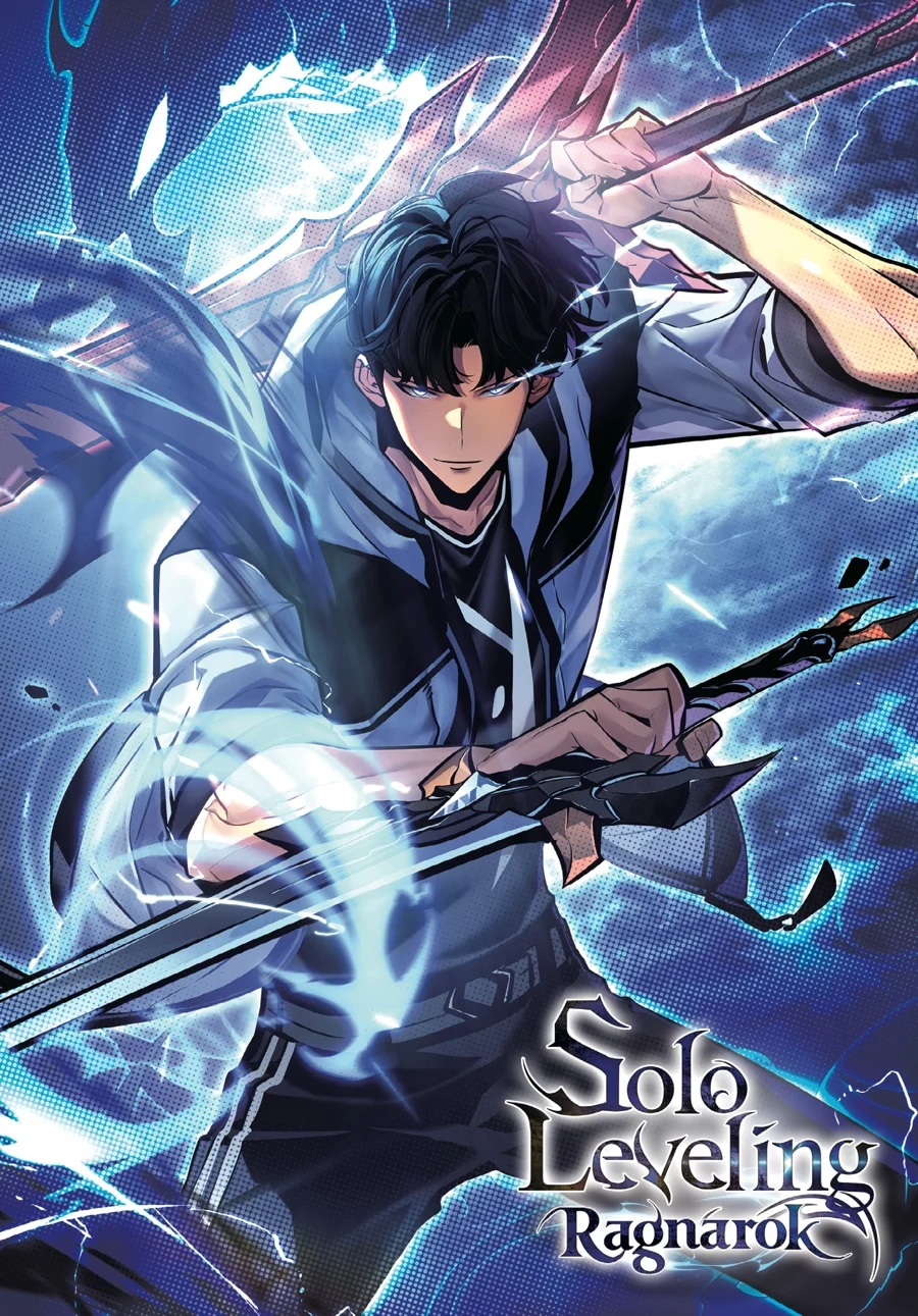 Sung Suho segura duas espadas na arte de Solo Leveling Ragnarok