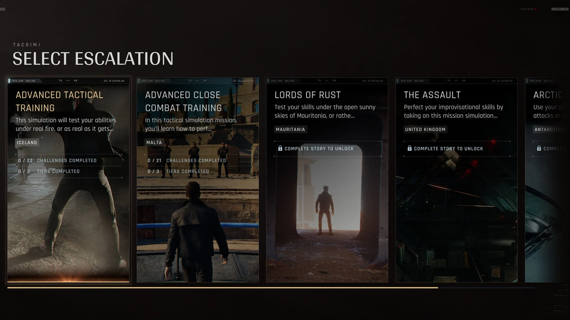 Menu de seleção de missões TacSim em 007 First Light