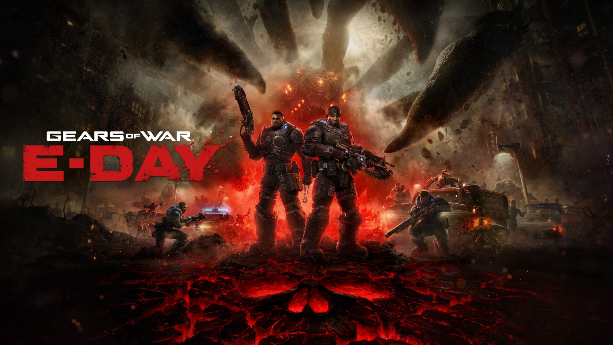 Arte oficial de Gears of War: E-Day com Marcus Fenix e Dom Santiago diante de uma cidade em guerra