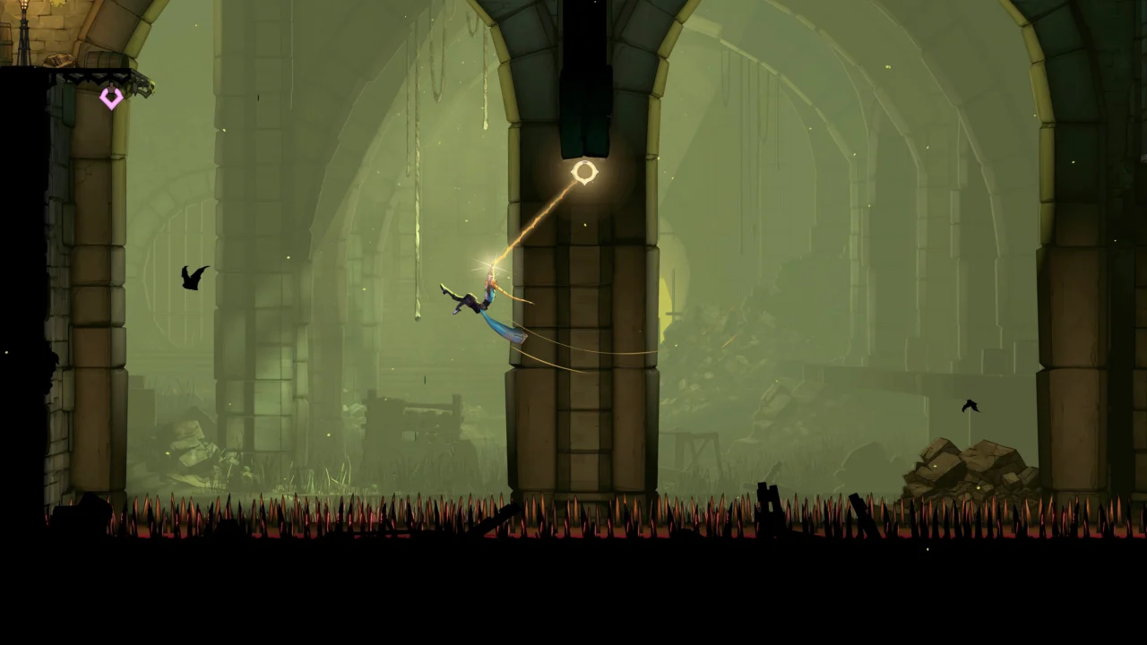 Rose Belmont utiliza seu chicote para atravessar uma área repleta de espinhos em Castlevania Belmont's Curse