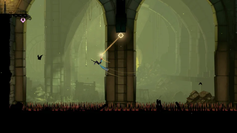 Rose Belmont utiliza seu chicote para atravessar uma área repleta de espinhos em Castlevania Belmont's Curse