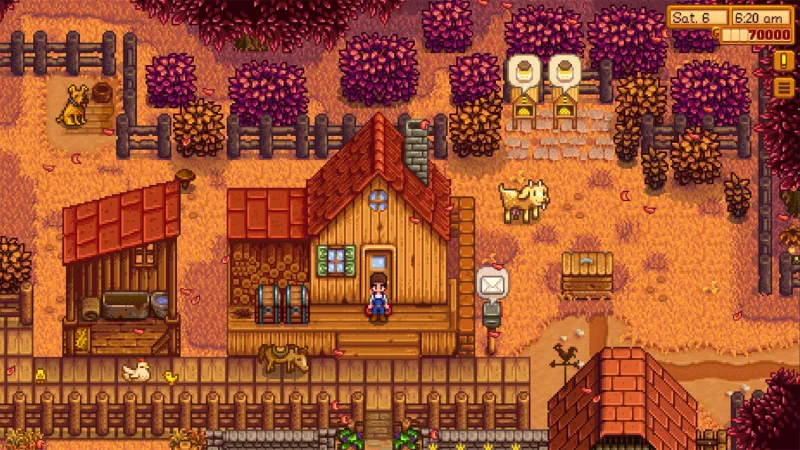 Fazenda de Stardew Valley no outono com construções e árvores alaranjadas