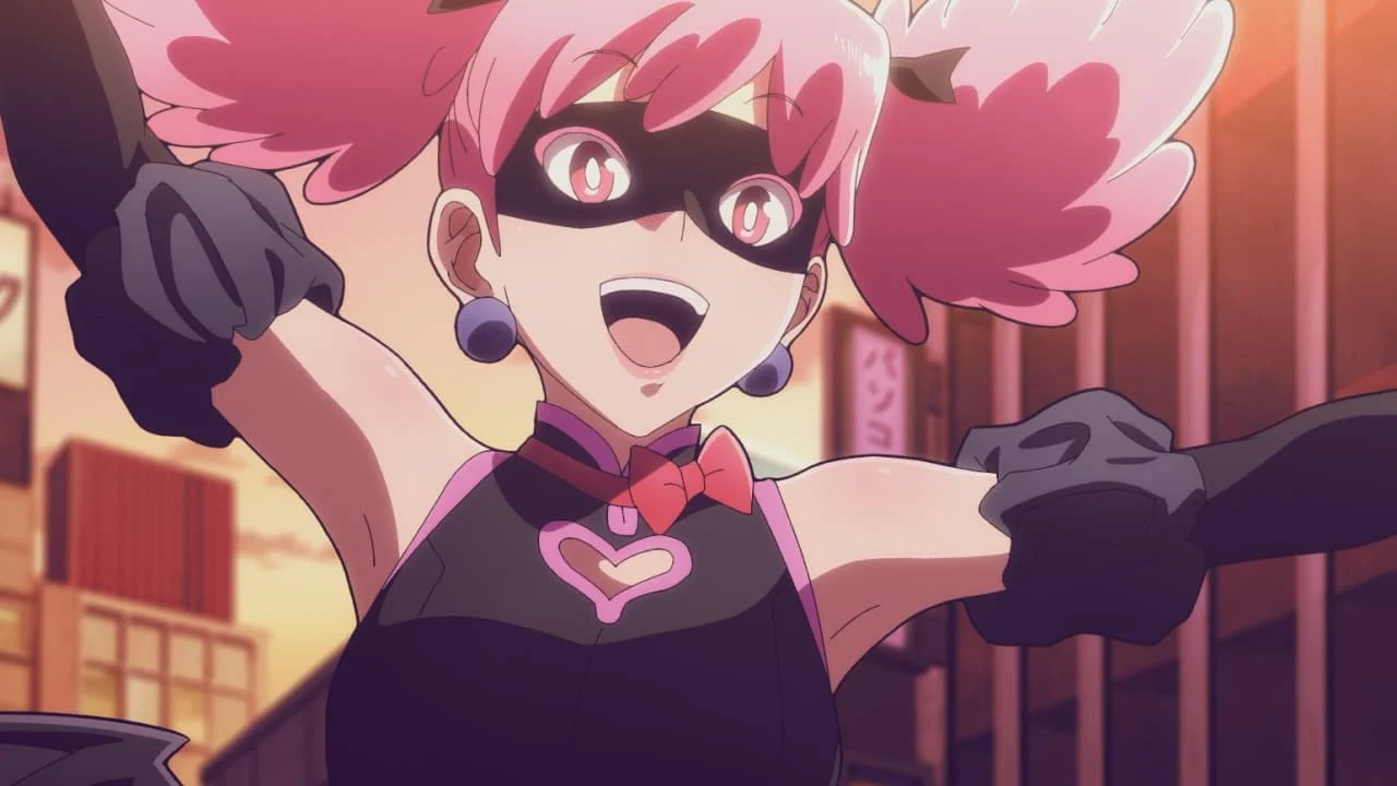 Pop☆Step, de cabelos cor-de-rosa e máscara, em uma cena do primeiro episódio de My Hero Academia: Vigilantes.