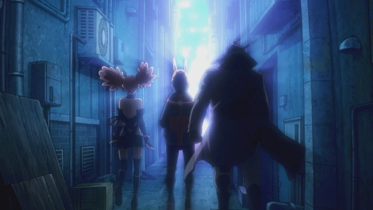 Pop☆Step, Koichi e Knuckleduster vistos de costas em um beco iluminado, em My Hero Academia: Vigilantes.