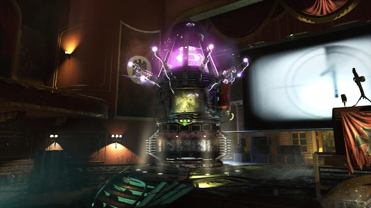 Teletransportador com energia roxa no teatro de Kino der Toten, do modo Zombies de Call of Duty
